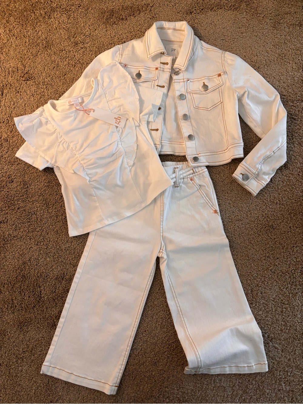 Love White Denim Jacket, Wide-Leg Jeans & Ruffle Tee Set